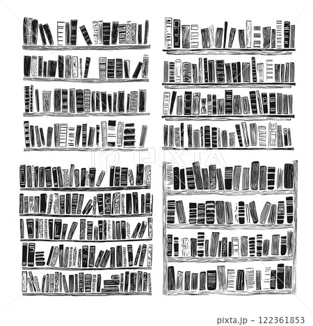 Book Shelves Linocut Print Style Vector Illustrations Unique Artwork Creative Design Decorative Elements Artistic Visuals Modern Graphics Distinctive Art Style Library Shelves 122361853