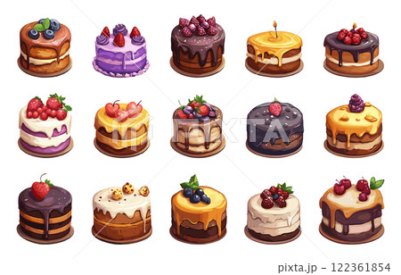 Birthday Cakes Vector Icons Cartoon Style On White Background Colorful Illustrations Festive Designs Fun and Playful Sweet Treats Whimsical Celebration Desserts Icon Collection 122361854