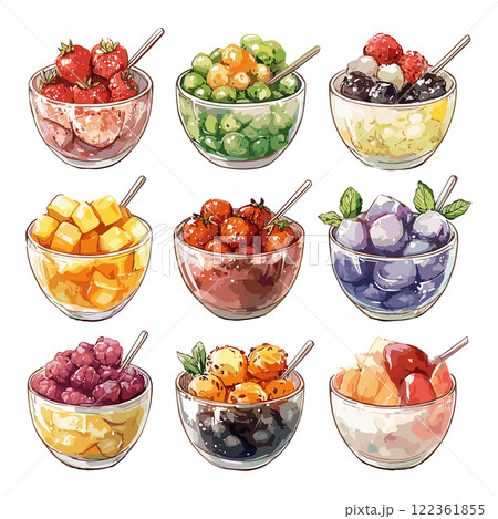 Bingsu Of Different Types Vector Icons Watercolor Technique On White Background Refreshing Illustrations Korean Shaved Ice Dessert Creative Artistic Visuals Modern Sweet Treat 122361855