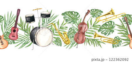 Watercolor saxophone, trombone, trumpet, guitar, contrabass, drum kit with tropical green leaves seamless banner. Percussion and wind musical instruments and palm, monstera plants. For jazz festival 122362092