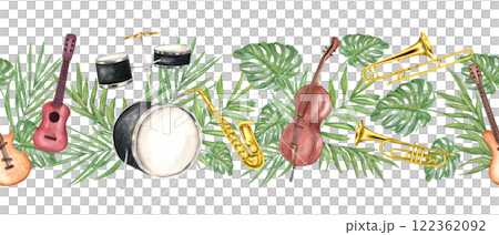 Watercolor saxophone, trombone, trumpet, guitar, contrabass, drum kit with tropical green leaves seamless banner. Percussion and wind musical instruments and palm, monstera plants. For jazz festival 122362092