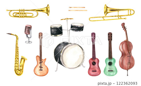 Musical percussion, string and wind instruments and retro microphone on metal stand set watercolor illustration. Jazz music elements in realistic style. Clip art for concert poster, fest print 122362093