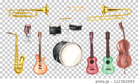 Musical percussion, string and wind instruments and retro microphone on metal stand set watercolor illustration. Jazz music elements in realistic style. Clip art for concert poster, fest print 122362093