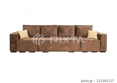 Brown sofa with velor fabric pillows isolated on a white background. Cushioned furniture. Brown sofa with velor fabric pillows isolated on a white background. Cushioned furniture. 122362117
