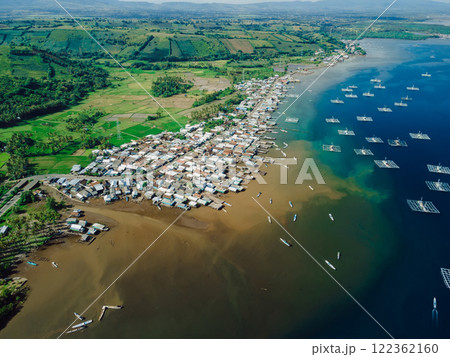 Fishing village and fishing boats in quiet ocean on Sumbawa island. Scenic drone view. 122362160