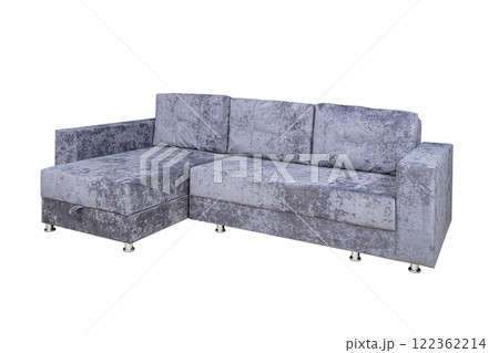 Gray corner sofa with velor fabric pillows isolated on a white background. Cushioned furniture. 122362214
