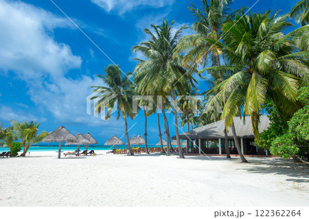 tropical Maldives island with white sandy beach and sea. palm 122362264