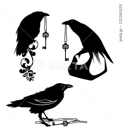 magic raven birds holding antique skeleton key black and white vector silhouette design set 122362828