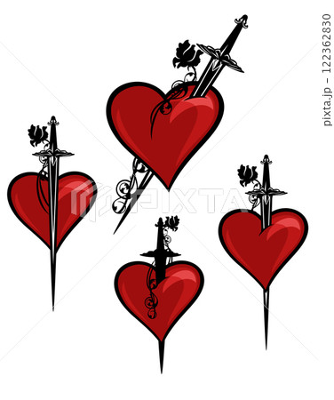 vector design set of heart pierced with knife and rose flower 122362830