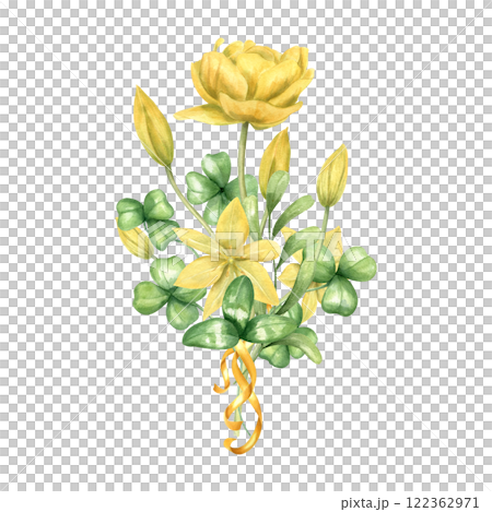 Spring yellow tulip flowers, green clover leaves with golden ribbon bouquet hand drawn watercolor illustration. Delicate primrose with greenery. For Valentine day greeting card, Patrick day stationery 122362971