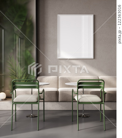 Picture frame mockup in stylish bar with green chair and plant, 3d rendering Picture frame mockup in stylish bar with green chair and plant, 3d rendering 122363016