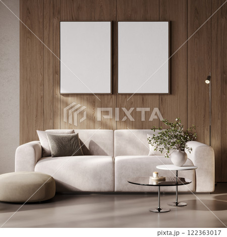 Two poster frames mockup in modern living room interior with white sofa and wooden wall, 3d rendering 122363017
