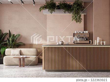 Elegant Barista Counter Top in Neutral Mocha mousse Tones with logo copy place, 3d rendering 122363021