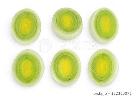 sliced Leek vegetable isolated on white background. Top view. Flat lay sliced Leek vegetable isolated on white background. Top view. Flat lay 122363073