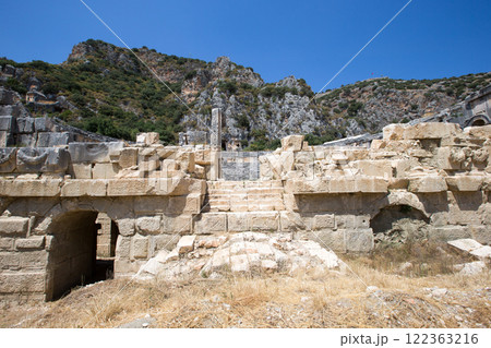 Ancient lycian necropolis with tomb carved in rocks in Mira 122363216
