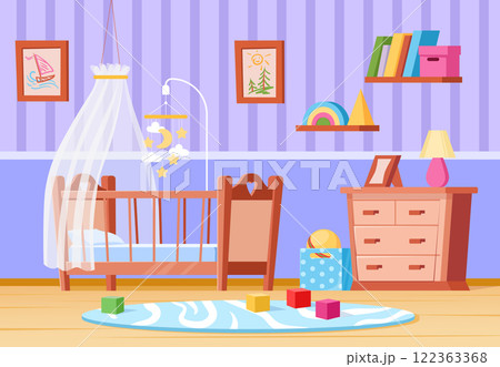 Baby cot room. Nursery bedroom interior with dresser and crib bed for newborn sleep, child home furniture kid play cute childish decoration, cartoon flat tidy vector illustration 122363368