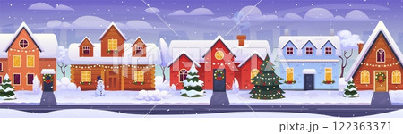 Winter neighborhood. Cartoon christmas village, snowy suburban houses exterior snow city street with snowfall cold weather scene residential cottage swanky vector illustration Winter neighborhood. Cartoon christmas village, snowy suburban houses exterior snow city street with snowfall cold weather scene residential cottage swanky vector illustration 122363371