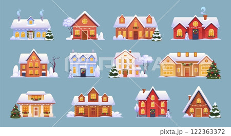 Cartoon winter cottages. Snowy cabins, christmas village rural cosy bungalow mountain chalet wooden houses covered snow capes suburban town housing set, swanky vector illustration Cartoon winter cottages. Snowy cabins, christmas village rural cosy bungalow mountain chalet wooden houses covered snow capes suburban town housing set, swanky vector illustration 122363372