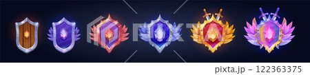 Game rank shields. Gamer level ranking badges, achievement medal trophy fantasy rpg gaming wooden gold shield mobile app ui asset icons badge cartoon set swanky vector illustration Game rank shields. Gamer level ranking badges, achievement medal trophy fantasy rpg gaming wooden gold shield mobile app ui asset icons badge cartoon set swanky vector illustration 122363375