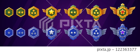 Military game rank badges. Army ranking badge gold silver metal emblem, war gaming insignia level achievement medal with star wing pilot award cartoon ui swanky vector illustration 122363377