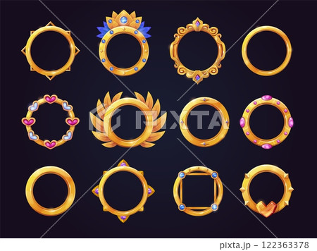 Avatar golden frames. Fantasy game gold frame, user rank award reward circular borders rpg gaming ui asset medieval royals round elements, set cartoon swanky vector illustration Avatar golden frames. Fantasy game gold frame, user rank award reward circular borders rpg gaming ui asset medieval royals round elements, set cartoon swanky vector illustration 122363378