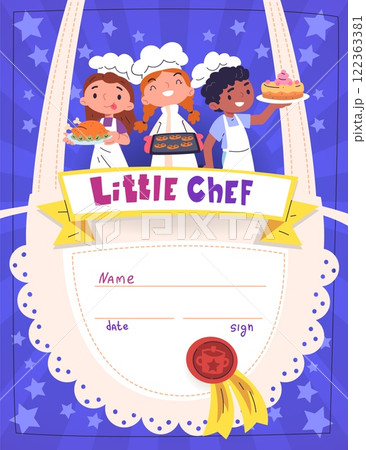 Kids cook certificate. Child cooking classes little chef diploma frame template, school kitchen education graduation achievement, preparing food class classy vector illustration 122363381