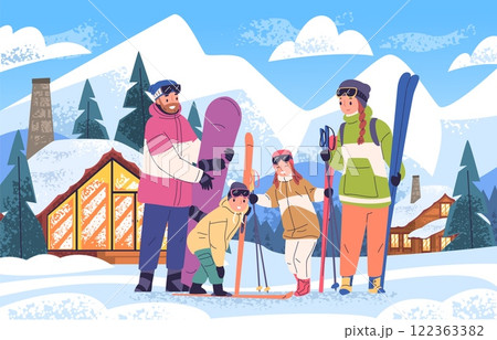 Family skiers. Children with parents on ski resort, winter vacation sport tourism happy kid daughter father son mother in skier mask snowboard outfit, classy vector illustration Family skiers. Children with parents on ski resort, winter vacation sport tourism happy kid daughter father son mother in skier mask snowboard outfit, classy vector illustration 122363382
