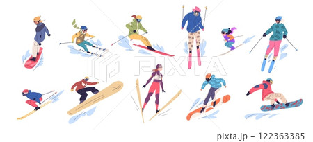 People skiers snowboarders. Happy ski and snowboard riders action poses, family winter extreme active sport fun skiing snowboarding mountain resort, set classy vector illustration 122363385