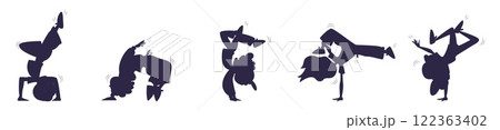 Dancing children silhouettes. Kid young little dancer silhouette, youth dance club or sport gymnastics school logo active child jumping shadow music freestyle vector illustration Dancing children silhouettes. Kid young little dancer silhouette, youth dance club or sport gymnastics school logo active child jumping shadow music freestyle vector illustration 122363402