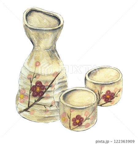 Watercolor sketch of bottle and two glasses for sake Watercolor sketch of bottle and two glasses for sake 122363909