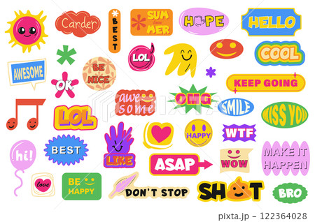 Colourful comic vintage label set in flat graphic design. Collection elements of funky 90s, 80s stickers with hello, cool, hope, smile, best, like, awesome and other messages. Vector illustration. Colourful comic vintage label set in flat graphic design. Collection elements of funky 90s, 80s stickers with hello, cool, hope, smile, best, like, awesome and other messages. Vector illustration. 122364028