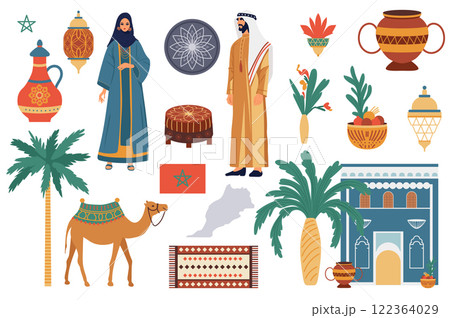 Traditional Morocco culture set in flat graphic design. Collection elements of man woman in national clothes, lanterns, tablewares, palm, camel, flag, country map, house, other. Vector illustration. Traditional Morocco culture set in flat graphic design. Collection elements of man woman in national clothes, lanterns, tablewares, palm, camel, flag, country map, house, other. Vector illustration. 122364029
