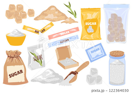 Sugar packs set in flat graphic design. Collection elements of natural brown and white sugar in powder and cubes, sweet sticks, bowl, scoop, bottle, bag, other storage packaging. Vector illustration. 122364030