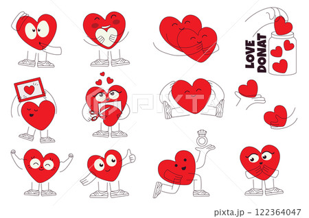 Cute heart characters set in flat graphic design. Collection elements of romantic valentines mascots gesturing with different emotions, love couple hugging, giving love, other. Vector illustration. Cute heart characters set in flat graphic design. Collection elements of romantic valentines mascots gesturing with different emotions, love couple hugging, giving love, other. Vector illustration. 122364047