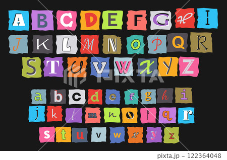 Cut out ransom letters alphabet set in flat graphic design. Collection elements of colourful typeset for criminal anonymous messages, english typography cutting from newspapers. Vector illustration. 122364048