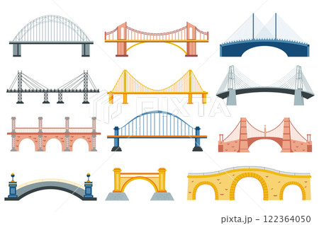 Bridges set in flat graphic design. Collection elements of metal and concrete engineering structures of footbridge and river, water, railway and other architectural constructions. Vector illustration. Bridges set in flat graphic design. Collection elements of metal and concrete engineering structures of footbridge and river, water, railway and other architectural constructions. Vector illustration. 122364050