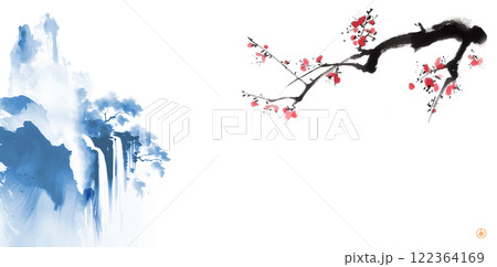 Minimalist blue ink landscape with misty mountains, waterfall, and sakura blossom. Traditional oriental ink painting sumi-e, u-sin, go-hua. Translation of hieroglyph - zen 122364169