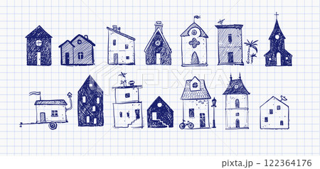Hand-drawn doodle illustrations of various whimsical houses with unique shapes, details, and architectural styles on lined paper background 122364176