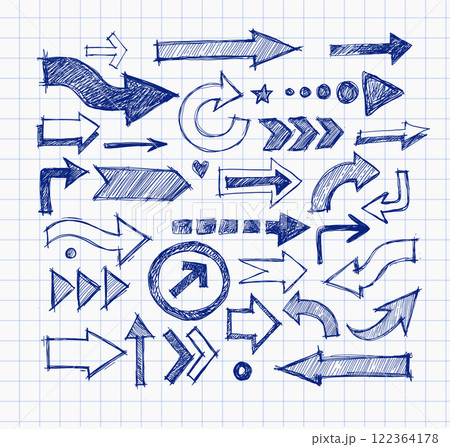 Collcetion of hand-drawn with blue pen doodle sketch arrows in various styles and directions, sketched with a rough, artistic feel on lined paper background 122364178