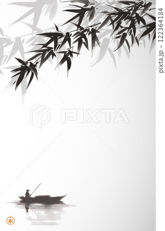 A lone fisherman in a small boat drifting on calm water under bamboo leaves. Traditional oriental ink painting sumi-e, u-sin, go-hua. Translation of hieroglyph - eternity 122364184