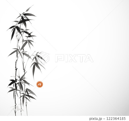 Ink painting of bamboo tree on white background. Traditional oriental ink painting sumi-e, u-sin, go-hua. Translation of hieroglyph - zen Ink painting of bamboo tree on white background. Traditional oriental ink painting sumi-e, u-sin, go-hua. Translation of hieroglyph - zen 122364185