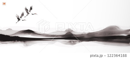 Cranes flying over a calm lake with mountains in the background. Traditional oriental ink painting sumi-e, u-sin, go-hua. Translation of hieroglyph - zen 122364188