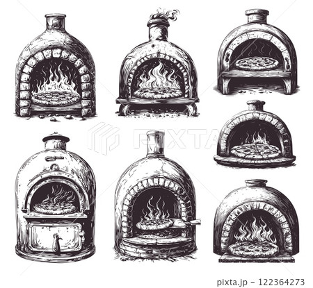 Pizza oven. Hand drawn traditional brick hot stove with fire for baking classic italian fast food, rustic pizzeria restaurant set vector illustration 122364273