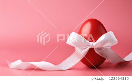 Red dyed Easter egg adorned with a white ribbon tied into a bow. Paschal holiday symbol on pink background with copy space 122364310