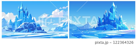 Ice castle. Frozen medieval snow palace, fairy tale winter landscape mountain peaks, fantasy frost world vector illustration 122364326