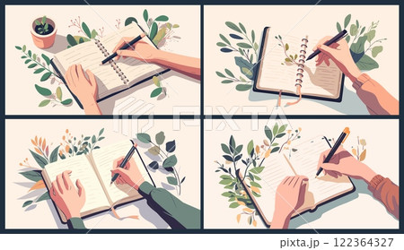 Hand writing in notebook. Person holding pen notebook, education planning diary note taking concept with floral decor vector illustration Hand writing in notebook. Person holding pen notebook, education planning diary note taking concept with floral decor vector illustration 122364327