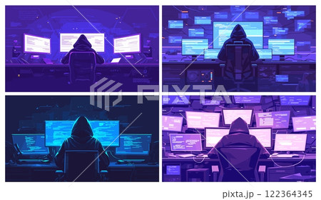 Hacker. Anonymous cyber thief attack information systems, surrounded by computer screens, digital crime danger vector illustration 122364345