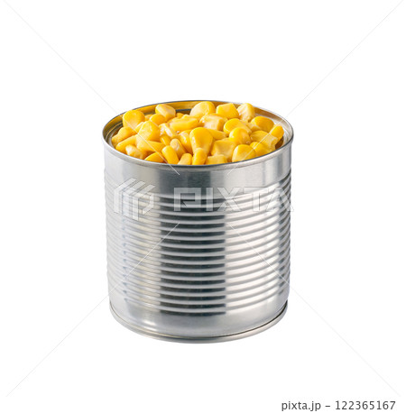Canned sweet corn in metal can, isolated on a white background. Canned sweet corn in metal can, isolated on a white background. 122365167