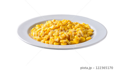 White ceramic bowl with canned food maize isolated on white background. White ceramic bowl with canned food maize isolated on white background. 122365170