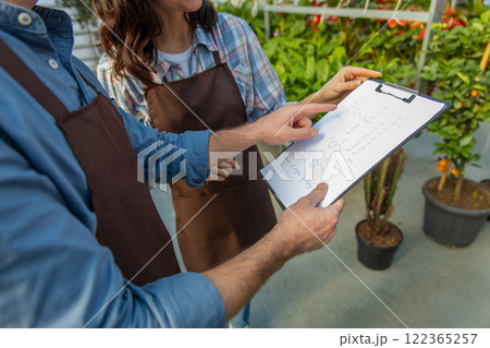 Greenhouse worker talking to a supervisor of quality control 122365257